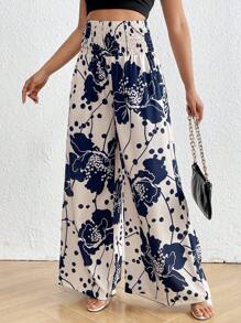 SHEIN LUNE Women's Printed Wide-Leg Iced Silk Pants - Navy Blue - View 5