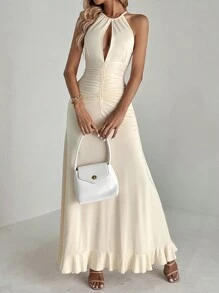 SHEIN Tall Women's Valentine's Day Bodycon Dress With Waist Ruched Detail, Ruffle Hem And Long Length, Perfect For Date Night