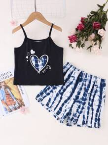 2pcs Tween Girl Casual Tie Dye Print Camisole & Shorts Loungewear Set - Multicolor - View 1