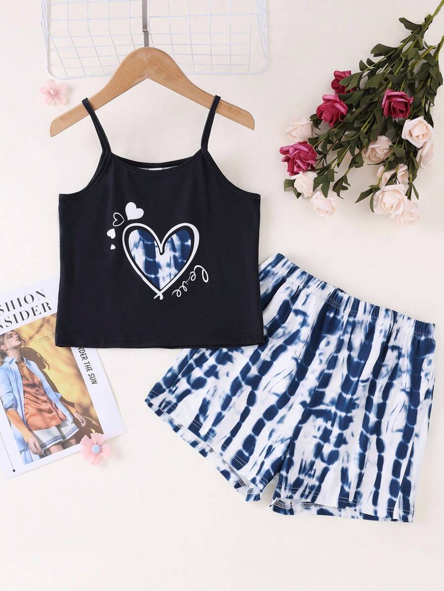 2pcs Tween Girl Casual Tie Dye Print Camisole & Shorts Loungewear Set - Multicolor - View 1