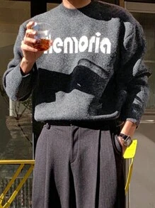 DAZY Men's Round Neck Letter Printed Long Sleeve Daily Casual Fashionable Autumn Sweater With Alphabet - Grey - View 4