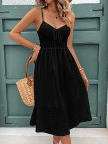 SHEIN Frenchy Váy suông nữ có dây đeo spaghetti, Váy cami chữ A dài, Váy mùa hè có lớp lót, Cảm giác đi nghỉ mát, Váy thêu thẩm mỹ Cottagecore - màu đen - Xem 5