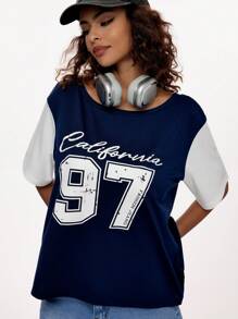Forever 21 Women's Spring/Summer Loose Fit Casual T-Shirt With Letter Print, Color Block, Round Neckline And Drop Shoulder Sleeves - Blue - View 4