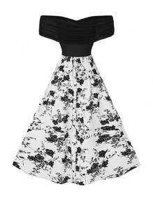 Mulvari Plus Size Color-Block Allover Print Off-Shoulder Dress For Women, Summer - Multicolor - View 2
