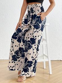 SHEIN LUNE Women's Printed Wide-Leg Iced Silk Pants - Navy Blue - View 3