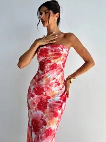 Firerie 女性優雅浪漫粉色花卉印花無背摺裙，適合夏秋兩季 - 粉色 - 查看 3