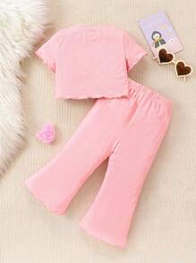 Baby Girls' Coral Pink Simple & Casual Embroidered Pants & Short Sleeve Homewear Set - Coral Pink - View 2