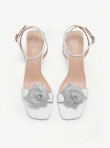 CUCCOO CHICEST White Square Toe Stiletto High Heel Sandals With Rhinestone Flower Design For Women Halloween - White - View 4