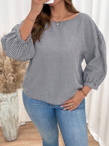 SHEIN Essnce 大码女装时尚返校服秋装女衬衫秋装教师服女复古服长袖格子衬衫休闲通勤秋季中长袖黑白格子宽松衬衫 - 黑與白 - 查看 4