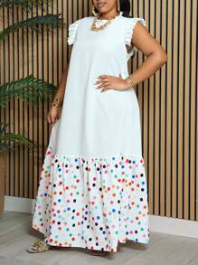 Slaydiva 加大尺寸假日&優雅&休閒寬鬆白色拼色&波點印花無袖洋裝，荷蘭花邊頸口和裙擺，春夏季 - 白色 - 查看 5