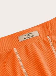 Slaydiva 女士休闲街头风纯色叠层绷带口袋上衣和短裤两件套，短袖圆领露脐上衣，夏季 (H) - 橘色 - 查看 5