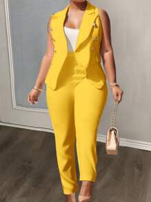 Slaydiva Bộ Vest Và Quần Plus Size, Màu Trơn - Màu vàng - Xem 1