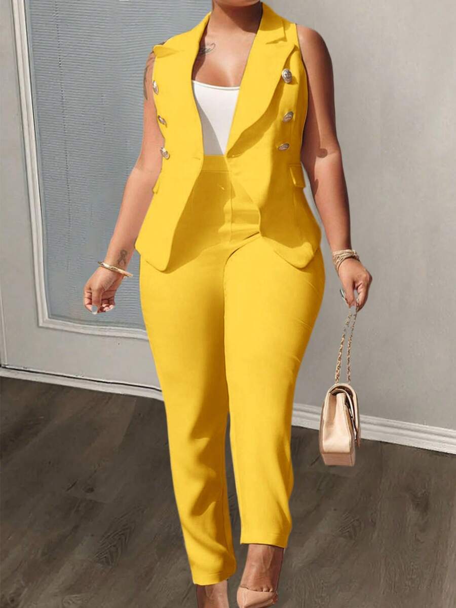 Slaydiva Bộ Vest Và Quần Plus Size, Màu Trơn - Màu vàng - Xem 1