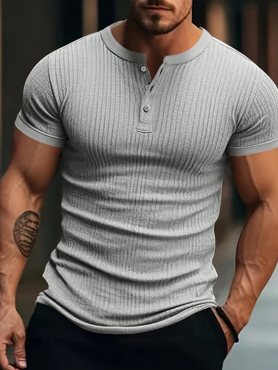 男士纯色短袖休闲 T 恤，夏季 - 灰色 - 查看 1