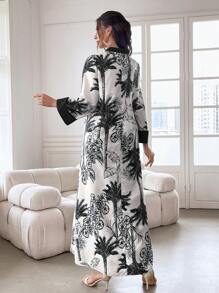 Al Najma 女士随机印花简约日常土耳其长袖阿拉伯连衣裙，卡夫坦 - 黑色 - 查看 2