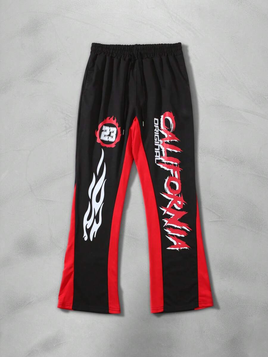 Manfinity EMRG 男士休閒束腰字母拼接彩塊印花運動長褲 - 黑色 - 查看 1