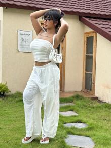 Flirla Plus Size Women Lace Wide Leg Pants,High Waist Elegant White Trousers For Vacation,Casual Loose Hollow Out Autumn Bachelorette Party Cloth - White - View 6