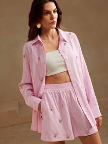 Anewsta Diamond Modern Women's Long Sleeve Shorts Two-Piece Set - Pink - View 3