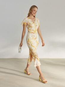 MOTF PREMIUM FLORAL PRINT V-NECK FLUTTER SLEEVE TOP & SPLIT HEM DRESS - Yellow - View 8