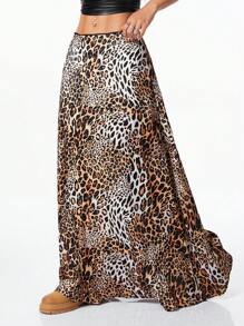 SHEIN EZwear Women's Vintage Back To School Leopard Print Low Waist Long Skirt, Street Style And Versatile - Brown - View 3