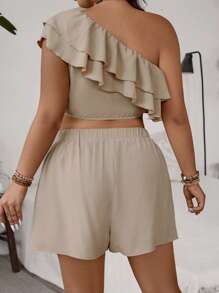 SHEIN VCAY Plus Size Double Layer Ruffle One Shoulder Blouse And Shorts Set For Vacation