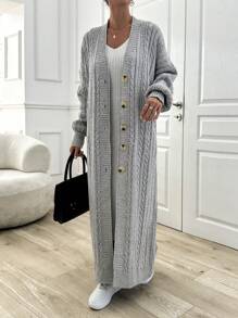 EURMUSE Cable Pattern Sweater Maxi Cardigan - Light Grey - View 7