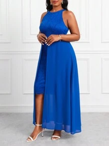 SHEIN Lady Plus Size Phối Ren Thanh Lịch & Voan Nối Không Tay Dây Cổ Cao Thấp Váy Dạ Hội Cho Phụ Nữ Cao - Xanh đậm - Xem 5