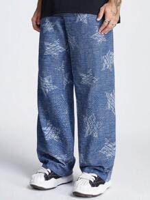 Manfinity VCAY 男款寬腿數字印花星紋織長褲 - 藍色 - 查看 3