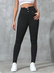 Pantalones largos, informales y de cintura alta para mujer, de unicolor y ajustados