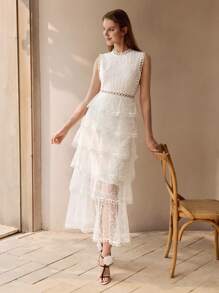 MOTF PREMIUM MESH OVERLAY LACE TRIM TIERED RUFFLE HEM LONG DRESS WOMEN OUTFIT - White - View 2