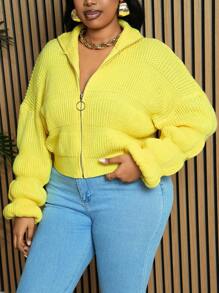 Slaydiva Plus Elegant Daily Casual Solid Yellow Knitted Zip-Up Long Sleeve Sweater, Shortened Style, For Women, Autumn And Winter - Z - Yellow - View 5