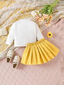 嬰兒女孩花卉裝飾前扣圓領長袖上衣+純色褶裥裙套裝 - 黃色 - 查看 2