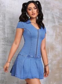 SHEIN EZwear Women's Collared Zipper Tight Pleated Short Sleeve Denim Dress - Medium Wash - View 4