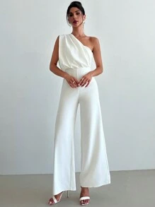Firerie Macacão branco feminino, simples e elegante com um ombro só e pernas largas, ideal para férias - Branco - Visão 5