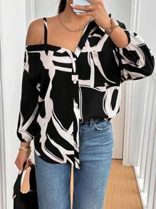 SHEIN Essnce Camicia asimmetrica in stile casual e di strada di nuova moda per donna, con bottoni, adatta per la primavera, l estate o l autunno, outfit da crociera o abbigliamento da insegnante