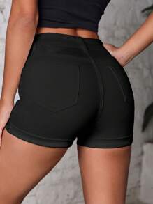 SHEIN Essnce Quần short denim thường ngày dành cho nữ có thiết kế viền cuộn và có túi - màu đen - Xem 2