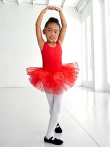 SHEIN Unga flickor Balett Dans Tutu klänning set, röd leotop med volang kjol - Röd - Visa 2