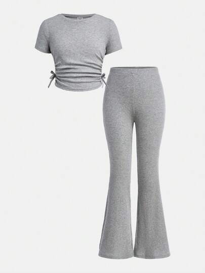 SHEIN Girlism Tween Girls' Comfy Solid Color Round Neck Sweatshirt And Pants Set