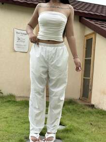 Flirla Plus Size Women Lace Wide Leg Pants,High Waist Elegant White Trousers For Vacation,Casual Loose Hollow Out Autumn Bachelorette Party Cloth - White - View 4