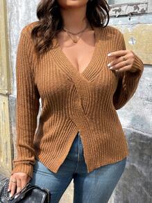 SHEIN LUNE Plus Size Women's Solid Color Simple Daily Long Sleeve Sweater Pullover Knit Pullover Fall Winter Outfit