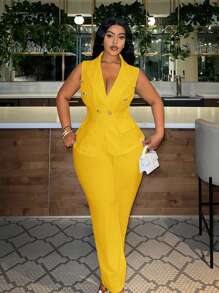 Slaydiva Bộ Vest Và Quần Plus Size, Màu Trơn - Màu vàng - Xem 5