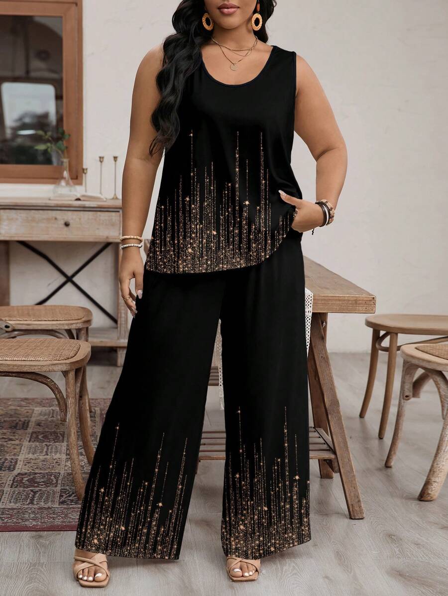 EMERY ROSE Áo ba lỗ không tay thông thường mùa hè & Quần dài Slim Fit nữ Plus Size Họa tiết sequin 2 cái/bộ - trái cam - Xem 1