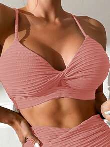 SHEIN Swim Bộ bikini gợi cảm đi biển mùa hè dành cho nữ màu trơn xoắn phía trước - Màu Hồng  San hô - Xem 3