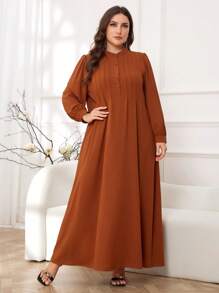 Al Najma 纯色褶皱细节衬衫阿拉伯连衣裙，适度全长超长长袖日常连衣裙 - 棕色 - 查看 6