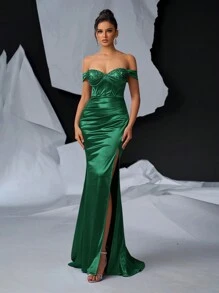 Glamrae Elegant, Gorgeous And Sexy Off-Shoulder Dress With Shiny Satin Decoration Cup, Boning And Fishtail Ruched Slit Dress For Formal Occasions And Evening Parties Prom, Wedding Guest Gown, For Graduation, Dinner Party Dress - Dark Green - View 5