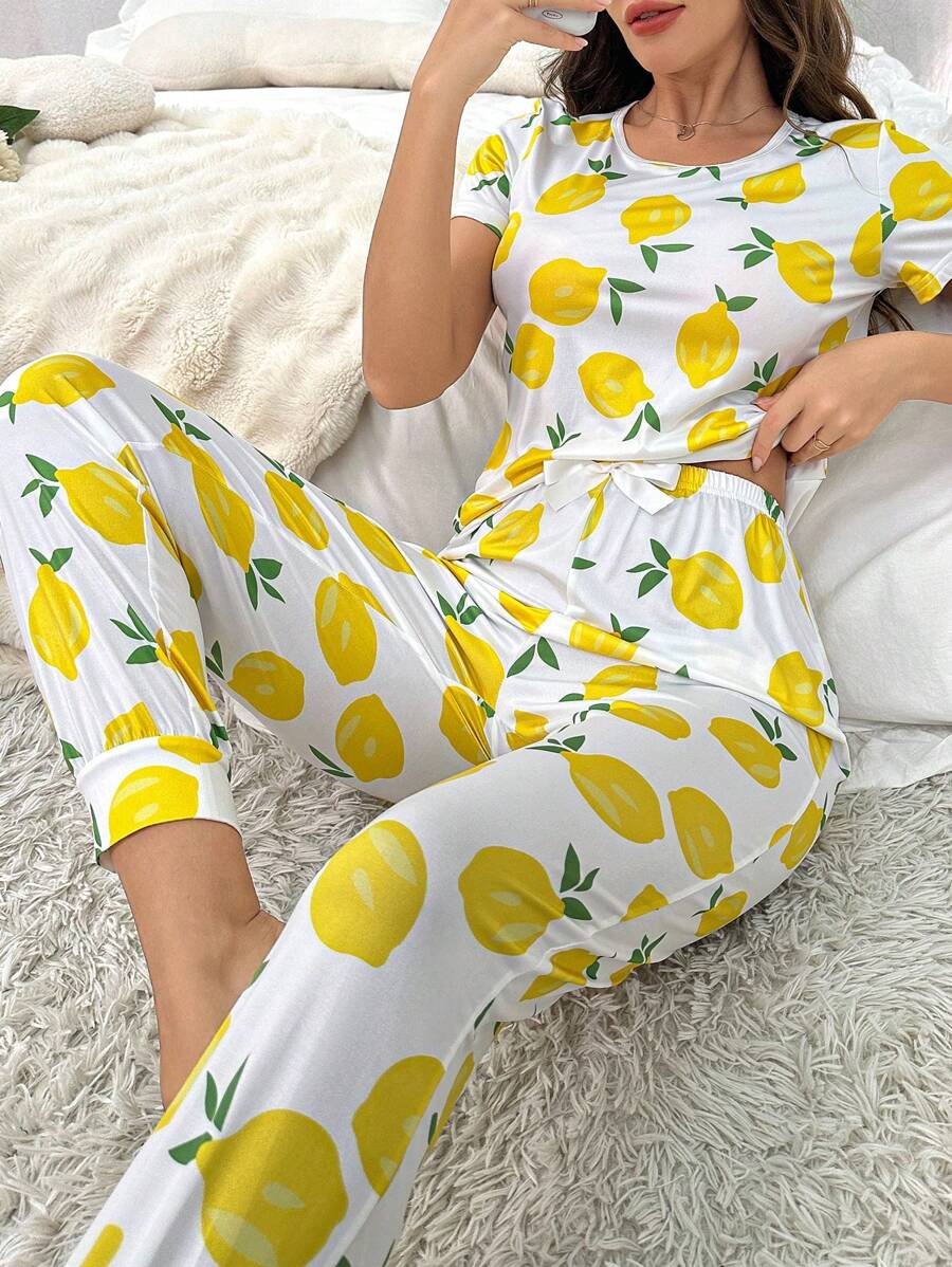 Snug Zone Lemon Printed Women's Short Sleeve Long Pants Pajama Set - Multicolor - View 1