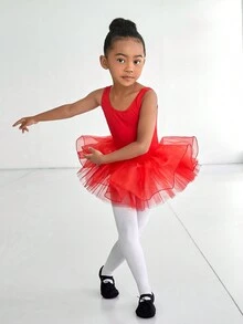 SHEIN Unga flickor Balett Dans Tutu klänning set, röd leotop med volang kjol - Röd - Visa 5