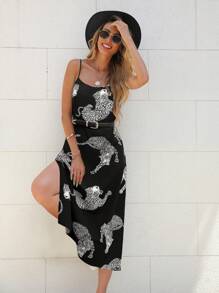 SHEIN Clasi Leopard Print Holiday Leisure Side Split Spaghetti Strap Dress - Black and White - View 1
