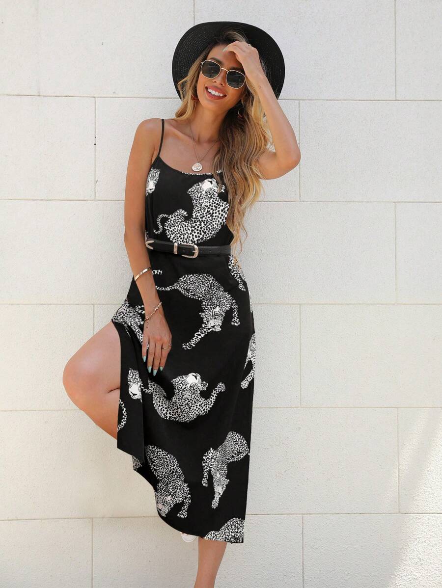 SHEIN Clasi Leopard Print Holiday Leisure Side Split Spaghetti Strap Dress - Black and White - View 1