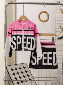 Conjunto de falda y blusa de manga larga con diseño de bloques de color y estampado de letras para niña joven en primavera/otoño - Rosa - Ver 1